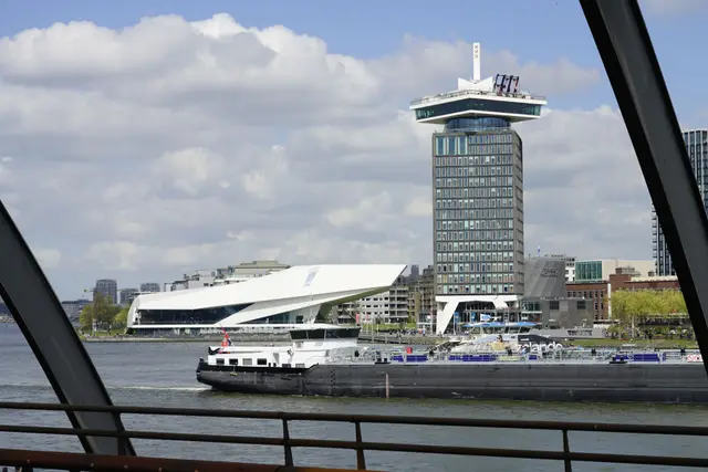 The A'DAM tower and the EYE film museum on the north bank of the IJ