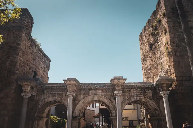 Hadrian's Gate with its three arches between the walls