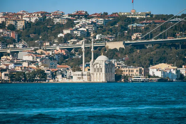 Ortaköy Mosque with Bosphorus-side houses and the bridge behind