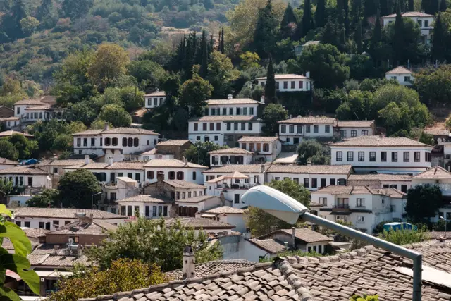 Yeşil yamaçta kiremit çatılı Şirince evleri