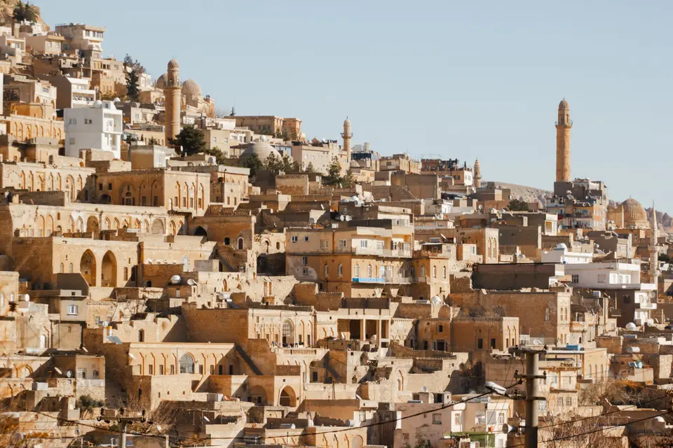 Mardin's stone houses rising tier on tier up the hillside, with a minaret